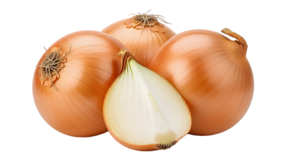 A selection of fresh brown onions, featuring one cut in half to show the inner layers