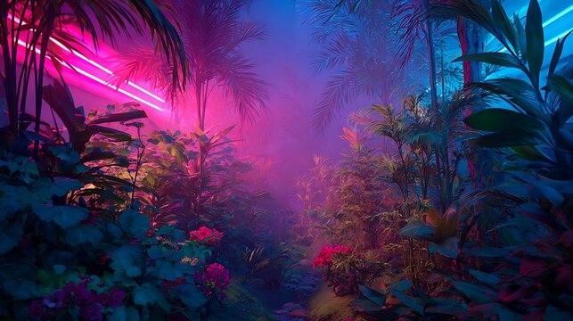 Neon lights illuminate a lush tropical forest at night creating a vibrant scene