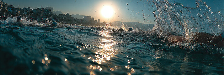 Ocean waves crashing with a cityscape in the background under a bright sun