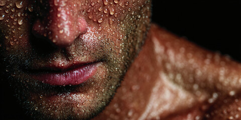 Close-up of a man's sweaty face and chest, reflecting his intense physical exertion and dedication during a challenging workout session