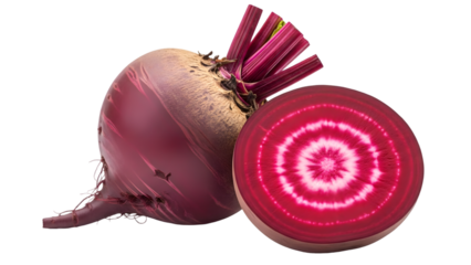 Whole and sliced beetroot displaying vibrant internal pattern on a black background