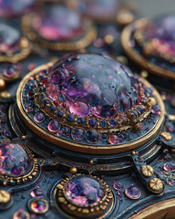 Detailed macro view of ornate antique jewelry with shimmering purple gemstones and gold accents, a symbol of luxury and timeless elegance