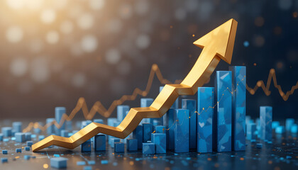 “3D golden arrow rising upward over financial graphs, investment success and growth concept, modern clean design, copy space.”
