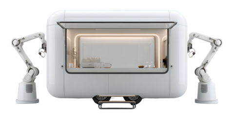 Automated food kiosk concept with robotic arms providing futuristic service isolated on white background