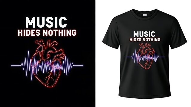 Music hides nothing neon heart beat design print ready for apparel merchandising and typography shirt - Powered by Adobe