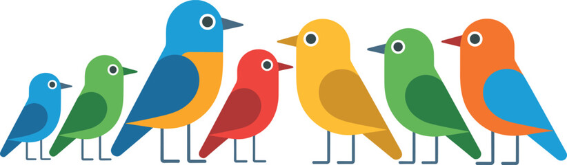 Colorful birds standing in a row flat illustration, playful minimalist animal design symbolizing diversity, harmony, friendship, and cheerful nature themes
