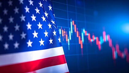 American flag waving in front of a blurred dark blue stock market chart with a sharp downward trend, symbolizing economic recession and stagnation.