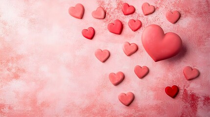 Many pink and red hearts scattered on a textured pink background