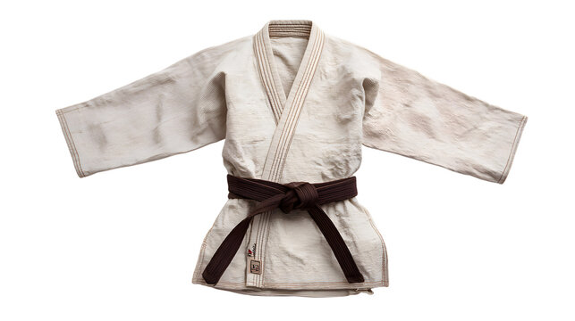 A white martial arts gi with a brown belt tied around the waist on a black background isolated on white background - Powered by Adobe