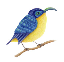 Watercolor isolated illustration of bright Madagascar yellow-bellied sunbird-asity. Small colorful nectar-feeding tropical sunbird sitting on branch. Exotic bird clipart for animal-themed projects.