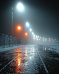 Foggy night on a wet running track with glowing streetlights creating an atmospheric and mysterious scene, perfect for sports or urban photography