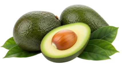 Fresh avocados with leaves isolated PNG, healthy green fruit with pit and smooth skin for food design and nutrition concepts