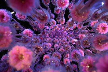 Abstract close-up view of bioluminescent alien flower-like organisms in a deep dark space, glowing with ethereal pink and purple light