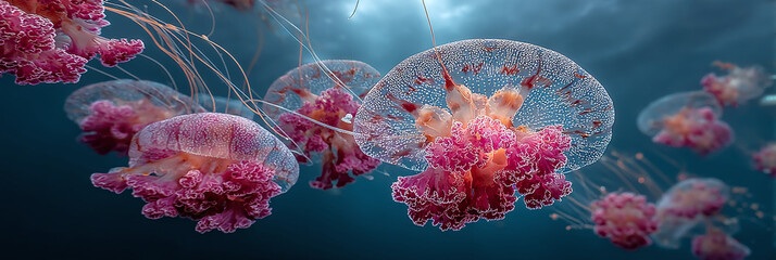 Underwater ballet of vibrant pink jellyfish drifting gracefully in the deep blue ocean, a mesmerizing display of marine life