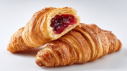 A golden, flaky croissant reveals its sweet berry jam filling