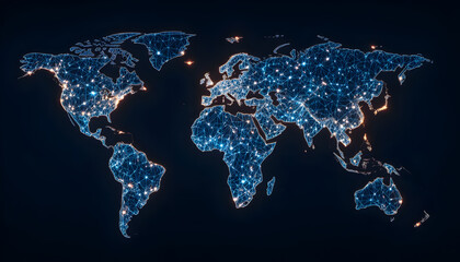 “World map with connected glowing nodes representing global business communication, clean dark gradient background, copy space.”