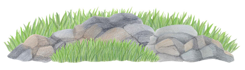 Watercolor isolated summer illustration of natural stone rock formation surrounded by lush green grass. Realistic landscape border clipart for nature elements, gardening themes, eco-friendly designs.