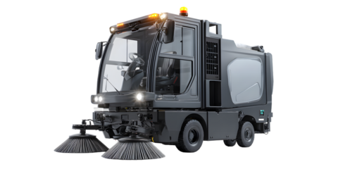 A modern and compact street sweeper machine in a dark gray finish isolated on white background
