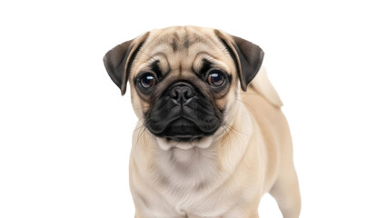 Adorable fawn pug puppy isolated PNG, cute dog with wrinkly face and black mask on transparent background, pet portrait