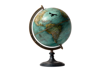 A vintage globe featuring an airplane silhouette on a black background isolated on white background