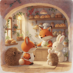 forest animal fairy tale bakery with a fox as a saleswoman