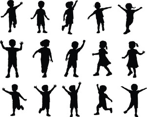 Silhouettes of children running, jumping, and playing in energetic poses representing childhood joy, movement, outdoor fun, imagination, freedom, and active lifestyle.