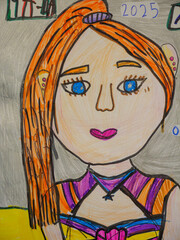 Obraz premium Colorful illustration of a young girl with long orange hair and blue eyes, wearing a vibrant outfit, showcasing a playful and imaginative character in a creative artistic style