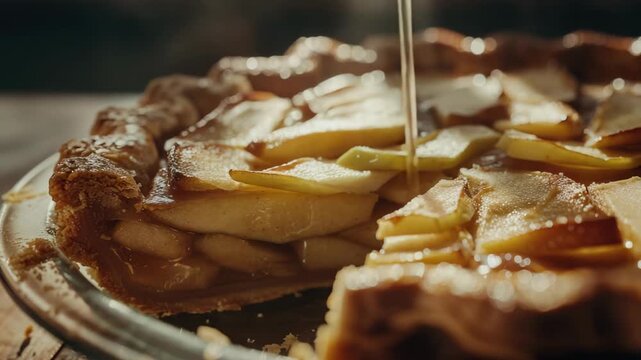 A pie with a slice missing and a drizzle of something on top. The pie is cut in half
