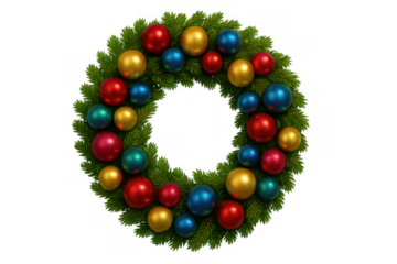 Christmas wreath with colorful ornaments, celebrating holiday season and festive spirit, transparent background available