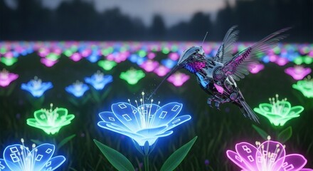 A futuristic mechanical hummingbird hovers over a field of glowing neon flowers
