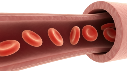Red blood cells flowing through a blood vessel isolated PNG, detailed anatomical representation on transparent background, medical visualization