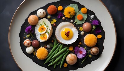 Artistic gourmet appetizer with boiled eggs, raw egg yolk, and green beans on a dark plate