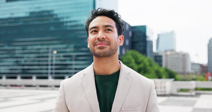 Thinking, business man and smile in city for building vision, venture opportunity and investment. Decision, real estate developer or happy with inspiration for urban development or property expansion