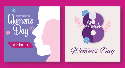 Minimalist 8 March Women’s Day social media post template with floral vector background, female face silhouette artwork, stylish square flyer poster web banner design
