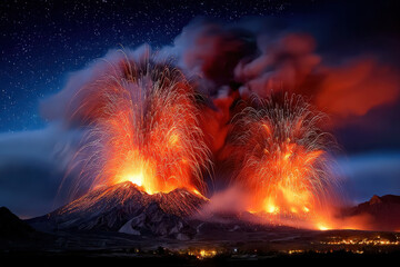 Volcano Erupting at Night Under Starry Sky