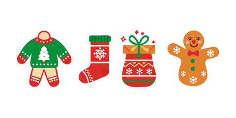 Naklejka premium Collection of festive christmas icons including a stocking gingerbread men and a sweater .vector icon