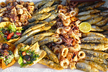 Fish platter with fried sardines, squid rings, octopus, and tartlets with vegetables and seafood. Symbolizes Mediterranean food, protein options, fresh catch preparation, and coastal dining culture.