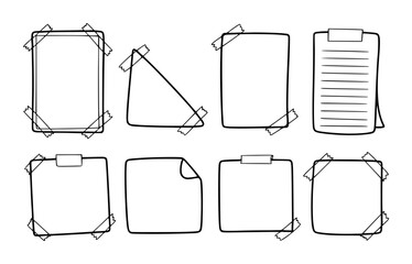 Handdrawn black line paper sheets with tape attached white