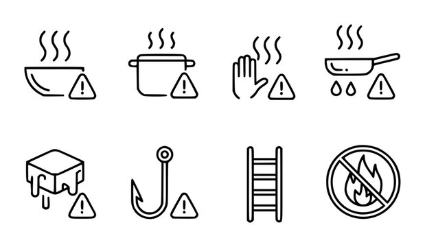Eight black warning with hot cold and safety symbols steam