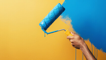 Hand Holding Paint Roller, Bright Blue Paint, Artistic Environment, Abstract Visuals