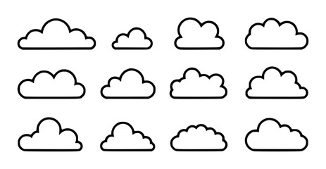 Nine cartoon cumulus clouds outline weather