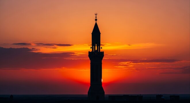 Dramatic Silhouette of a Minaret Against a Fiery Orange and Red Sunset Sky