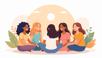 Illustration of multicultural female friends in a support group, fostering sisterhood and empowerment through communication
