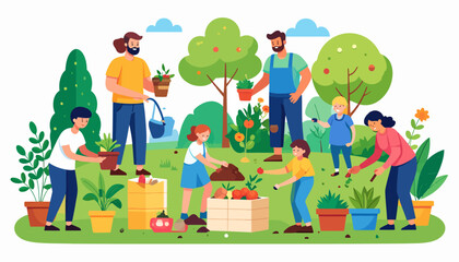 Fototapeta premium A Diverse Group of People Engaged in Community Gardening Activities with Plants and Trees