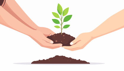 A collaborative effort as two pairs of hands nurture a new green plant, a powerful symbol of ecological growth and a sustainable future