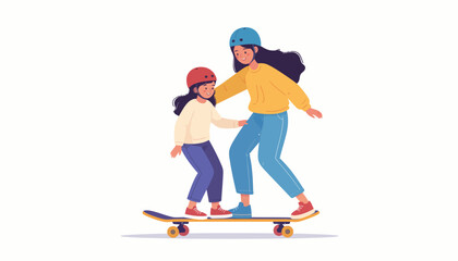 Fototapeta premium Joyful Mother Teaching Daughter How to Skateboard Safely, Wearing Helmets. Illustrating Family Bonding, Skill Development, and Happy Childhood Learning Together