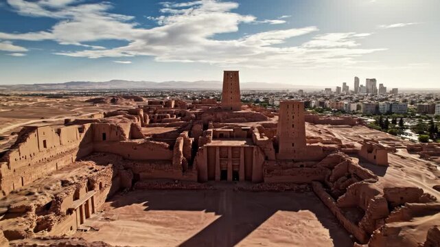 Ancient adobe ruins and archaeological site with wind towers and modern cityscape in background