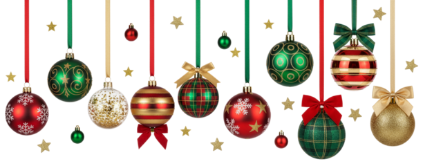 Christmas Hanging Ornaments with Ribbons and Bows on Transparent Background