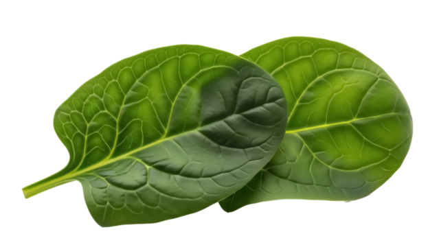 Two fresh spinach leaves isolated PNG, vibrant green leafy vegetables for healthy eating and culinary design on transparent background - Powered by Adobe