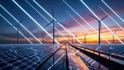 Obraz premium Renewable energy farm with solar panels and wind turbines at sunset.